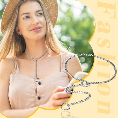 Slip Chain Necklace Choker for Women: Stainless Steel Punk Heart O-ring Charm Adjustable Lariat Y-Necklace Cuban Chain Jewelry Valentines Halloween in Saudi Arabia