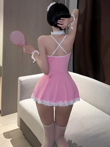 Sexy Maid Outfit Women Maid Cosplay Lingerie 5 Pack Lace Trim Mesh Thong French Lingerie Costume Dress Set in Saudi Arabia
