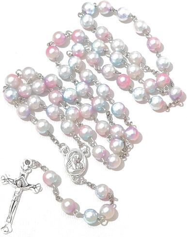 Simulated Pearl Rosary Necklace with Crucifix Pendant, Long Beaded Chain with Silver Plated Metal Cross Pendant for Women in Kuwait