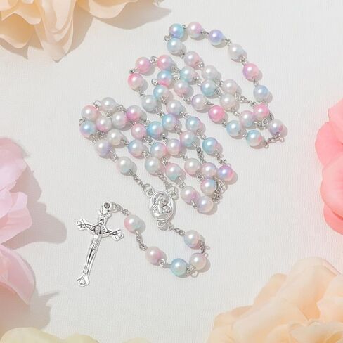 Simulated Pearl Rosary Necklace with Crucifix Pendant, Long Beaded Chain with Silver Plated Metal Cross Pendant for Women in Kuwait