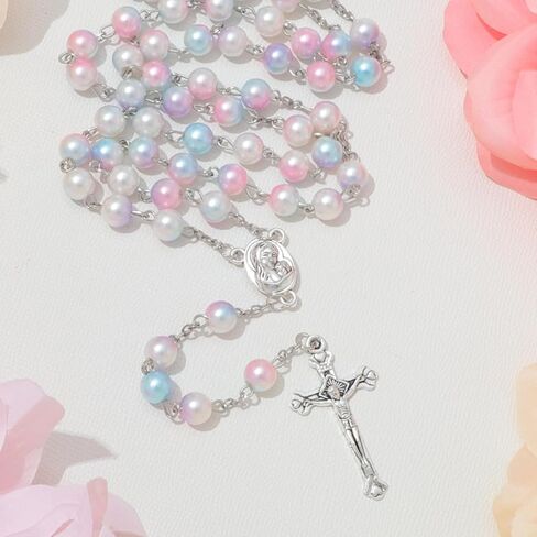Simulated Pearl Rosary Necklace with Crucifix Pendant, Long Beaded Chain with Silver Plated Metal Cross Pendant for Women in Kuwait