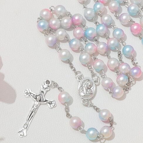 Simulated Pearl Rosary Necklace with Crucifix Pendant, Long Beaded Chain with Silver Plated Metal Cross Pendant for Women in Kuwait