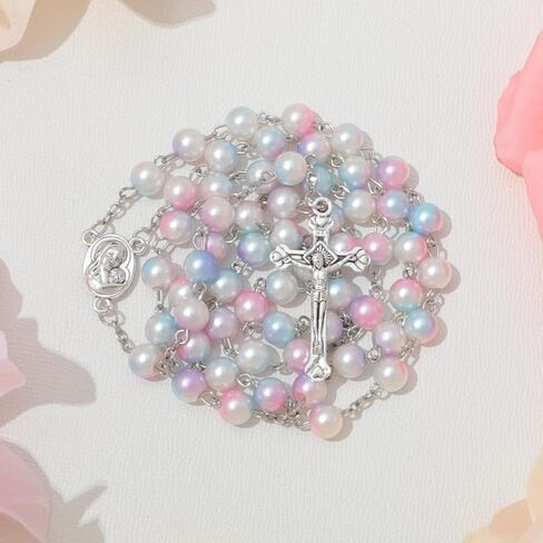 Simulated Pearl Rosary Necklace with Crucifix Pendant, Long Beaded Chain with Silver Plated Metal Cross Pendant for Women in Kuwait