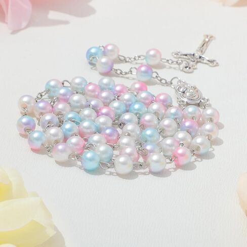 Simulated Pearl Rosary Necklace with Crucifix Pendant, Long Beaded Chain with Silver Plated Metal Cross Pendant for Women in Kuwait