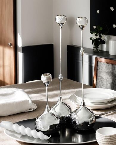 Modern Candle Holders Set of 3 - LHQOO Taper Candle Holders for Table Decor, Elegant Minimalist Design, Perfect for Weddings, Parties, and Home Decor (Silver) in Saudi Arabia