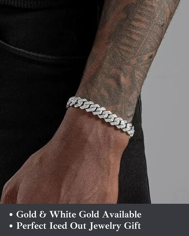 سوار Luxeflex Cupan Link للرجال والنساء ، 8 مم 14 كيلو متر مطلي بالذهب الأبيض ، 5A Zircon Iced Out Cuban Link Chain Set ، Necklace Diamond CZ Rapper ، Miami Hip Hopwerry in Kuwait