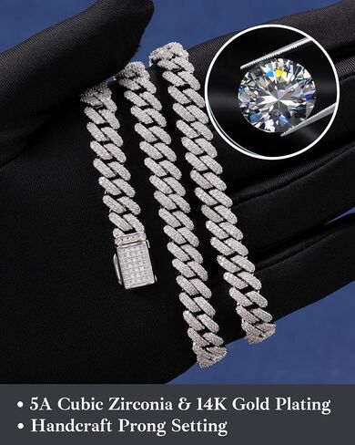 سوار Luxeflex Cupan Link للرجال والنساء ، 8 مم 14 كيلو متر مطلي بالذهب الأبيض ، 5A Zircon Iced Out Cuban Link Chain Set ، Necklace Diamond CZ Rapper ، Miami Hip Hopwerry in Kuwait