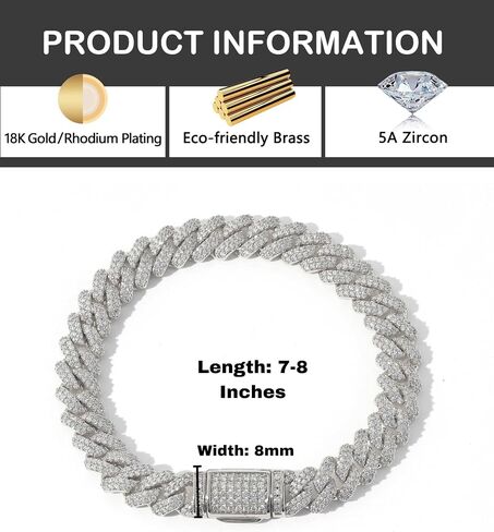 سوار Luxeflex Cupan Link للرجال والنساء ، 8 مم 14 كيلو متر مطلي بالذهب الأبيض ، 5A Zircon Iced Out Cuban Link Chain Set ، Necklace Diamond CZ Rapper ، Miami Hip Hopwerry in Kuwait
