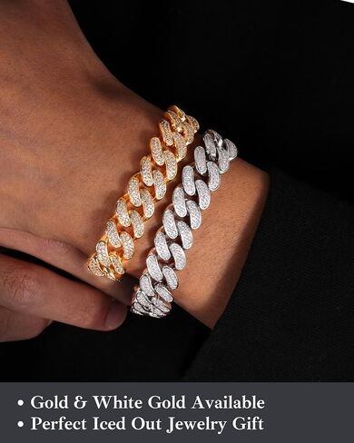LuxeFlex Cuban Link Bracelet for Men and Women, 8mm 14K Gold/White Gold Plated, 5A Zircon Iced Out Cuban Link Chain Bracelet Set, Diamond CZ Rapper Necklace, Miami Hip Hop Jewelry in Kuwait