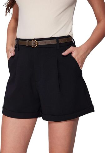 Vinova Womens Shorts Dressy Casual Pleated Elastic High Waisted Trouser Wide Leg Work Trouser Shorts with Pockets & Belt in Kuwait