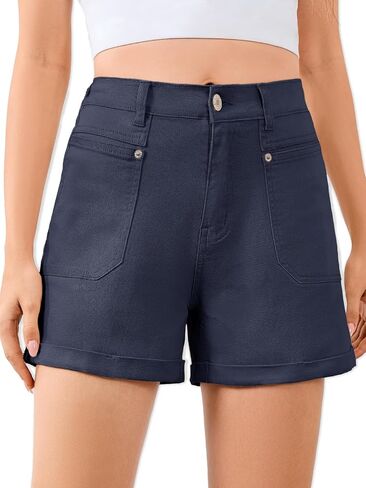 Women High Waisted Jean Shorts Stretchy Denim Shorts for Women Folded Hem Chino Shorts Summer Jorts in Saudi Arabia