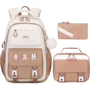 3PCS Girls Backpack for School, Kids Backpack for Girls with Lunch Box Pencil Case Set for Teen Girl Elementary Primary Middle High College School Bookbag with Cute Pins (Pink)