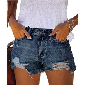 Women's Denim Shorts Casual Frayed Hem Ripped Summer Denim Jean Shorts Hot Short Pants with Pockets