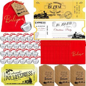 24 Sets Christmas Polar Express Believe Bells Sliver Bell Santa Gifts Bulk Christmas Ornament Train Ticket with Tags Red Velvet Bag Christmas Movie Party Favors for Xmas Party Tree Decorations