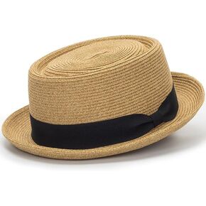 Summer Straw Pork Pie Hat for Men Women - Summer Sun Hats with Bowknot Strap(Size:S-M)