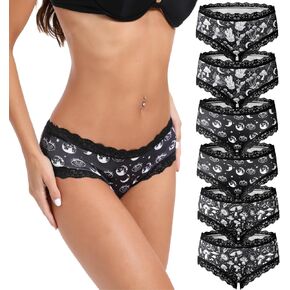Women 6pcs Sexy Lingerie Gothic Lace Trim Bikinis Hipster Panties Underwear Underpants Comfortable Undies Moons Print