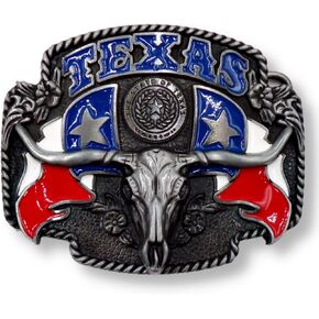 Needzo Texas Belt Buckle with Display Stand, Longhorn, State Flag, and Seal, Rodeo Buckles for Men, Western Apparel for Cowboys and Cowgirls, 3.5 Inches