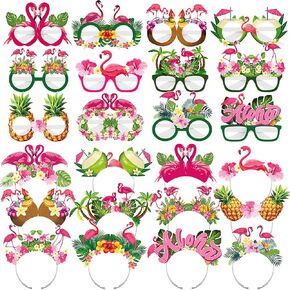 24 Pcs Flamingo Party Headbands and Paper Glasses Frames Set Pink Flamingo Eyeglasses Summer Hawaii Tropical Headbands for Summer Pool Party Favors Home Activity Hawaiian Luau Decor