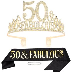 50th Birthday Decorations, 50th Birthday Gifts Sash and Crown for Her Set, Happy 50 & Fabulous Party Supplies for Women, Black Gold