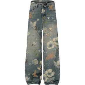 Aelfric Eden Plant Flower Print Baggy Jeans Men Harajuku Wide Leg Jeans Y2k Hip Hop Boyfriend Denim Pants
