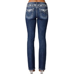 Miss Me Women's Delilah Mid-Rise Slim Bootcut Jeans مع جيوب Faux Flap ذات الأزهار