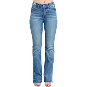 جودي الأزرق العالي مرتفع الخصر السيطرة بطن عتيقة الغسيل الجانبية الشق ، bootcut ، inseam 32 "