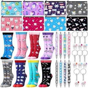 32 Pcs Novelty Dental Hygienist Gifts Set Include Teeth Ballpoint Pens Teeth Crew Socks Dental Assistant Makeup Bags Tooth Shape Keychains Cute Dentist Gift Bulks for Nurse Women Girls