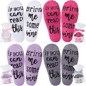 Syhood 4 Pairs Christmas Wine Socks - Novelty Funny Fuzzy Cozy 'If You Can Read This' Socks With Gift Packaging