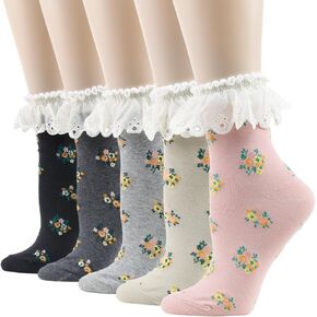 Funcat Women's Lace Ruffle Frilly Colorful Floral Cotton Casual Novelty Ankle Socks 4/5/6 Pairs in Saudi Arabia