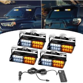 Wsays 4Pcs 16 LED 2''x 14'' White Amber Dash Strobe Light w/Controller and Wiring Harness and Suction Cup Windshield Interior Warning Light Bar Compatible with Trucks Pickup SUV Boat Vehicle