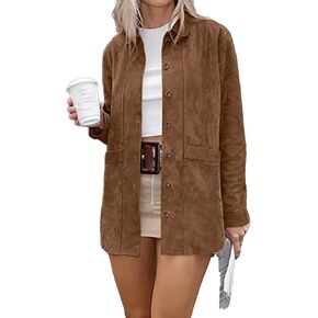 Sexyshine Women's Faux Suede Gethement Jacket Stuck Long Sleeve Button أسفل Boyfriend Midi Length Shacket Coat