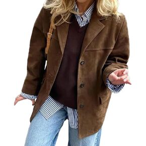 SEMATOMALA Women's Y2K Faux Suede Jacket Blazer Dark Brown Button Down Boyfriend Fall Winter Shacket Coat