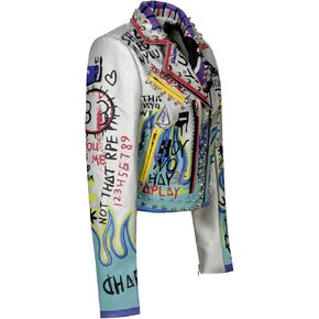 Fashion SX Women's Punk Faux Leather PU Short Jacket Graffiti Studded Rivet Biker Moto Coat