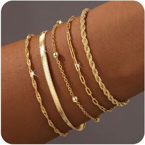 Gold Bracelets for Women Trendy, Watreproof 14K Real Gold Jewelry Bracelet Sets for Women Dainty Stackable Herribone Paperclip Chain Bracelet Pack