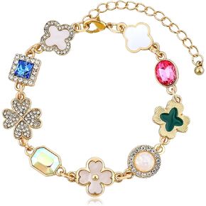 Gold Clover Charm Link Bracelet for Women Cute Colorful Geometric Diamond Mother of Pearl Lucky Four Leaf Clover Bracelet Enamel Crystal Rhinestone Statement Bracelet Adjustable Party Jewelry Gift