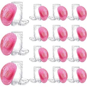 Vesici 30 Pcs Mini Neon Cowgirl Hat Western Cowboy Boot Shot Glasses Cute Tiny Glitter Pink Cowgirl Cowboy Hat Disco Party Decor Dollhouse Supply(Glitter Pink)