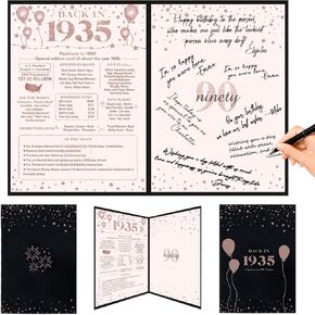 Crenics 90th Birthday Gift for Women, Creative Back in 1934 Birthday Poster, Giant 90th Birthday Guest Signature Book, Black and Pink 90 Birthday Decorations Party Supplies