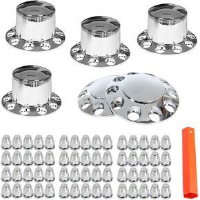 LABLT Chrome Semi Truck Tractor Trailer Hub Cover Wheel Axle Cover Center Caps Set for Front and Rear Axles with 33mm Screw-On Lug Nut Covers
