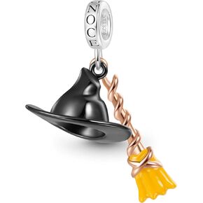 GNOCE Wicked Witch Elphaba's Hat & Broom Pendant Dangle Charm Bracelet for Women, S925 Sterling Silver Dangle Charms for Women Wife, Valentine‘s Day, Mother’s Day Jewelry