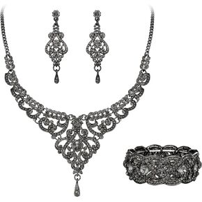 EVER FAITH Wedding Jewelry Sets Crystal Retro 1920s Vase Art Deco Bridal Prom Necklace Earrings Stretch Bracelet Set for Bride