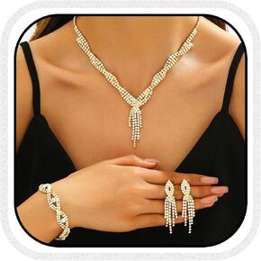 Aukmla Rhinestones Prom Bridal Jewelry Set Sparkly Wedding Necklace Earrings Bracelet Sets for Women and Brides