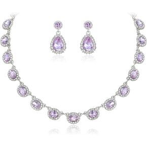Crysdue Bridal Wedding Jewelry for Women Oval Teardrop Rhinestone Crystal Collar Necklace Pierced Dangle Earrings Set for Prom Party