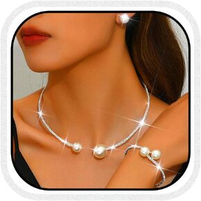 Unicra Pearl Bridal Wedding Jewelry Sets Silver Rhinestone Necklace Earrings Bracelet Set Prom Formal Costume Jewelry Set for Women and Brides