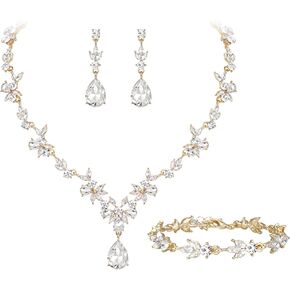 Crysdue Wedding Jewelry Set for Women Bride Bridesmaid, Stunning Marquise Rhinestone Crystal Floral Leaf Vine Pendant Necklace Dangle Earrings Bracelet for Prom Party