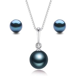 YAMI Pearl Neckalce and Earrings Set, Pearl Jewelry Set for Women, Genuine Cultured Blue/Black/Golden Pearls Crafted in 925 Sterling Silver, Luxurious Jewelry Gifts for Women, Length 18+2IN