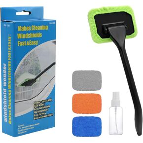 Car Windshield Cleaner, Windshield Cleaning Tool Kit with Detachable Handle Spray Bottle, Interior Exterior Glass Wiper with 4 Reusable Microfiber Cloth Pads, Car Accessories