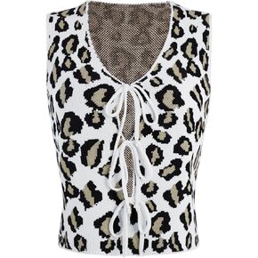 Women's Y2K Leopard Pattern Sweater Vest Sleeveless Tie Front Casual Sweater Knitwear Crop Tops
