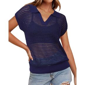 Arach&Cloz 2025 Women's Crochet Cap Sleeve Knit Tops Spring Summer Shirts Lightweight Collared Hollow Out Casual Blouses
