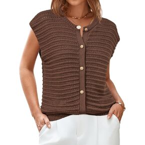 Arach&Cloz Women Cap Sleeve Sweater Vest 2025 Summer Crochet Button Down Knit Cardigan Loose Business Casual Tops Trendy