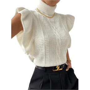 Floerns Women's Ruffle Trim Cable Knit Sweater Vest Turtleneck Sleeveless Tank Tops in Saudi Arabia